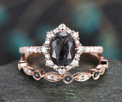 Oval cut salt and pepper diamond engagement ring diamond halo unique wedding ring set for women