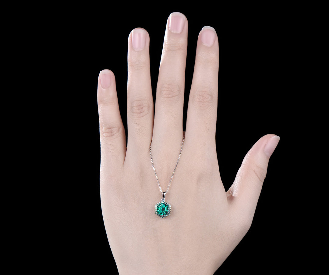 Hexagon cut emerald necklace 14k white gold halo unique pendant green gemstone dainty anniversary gift for women