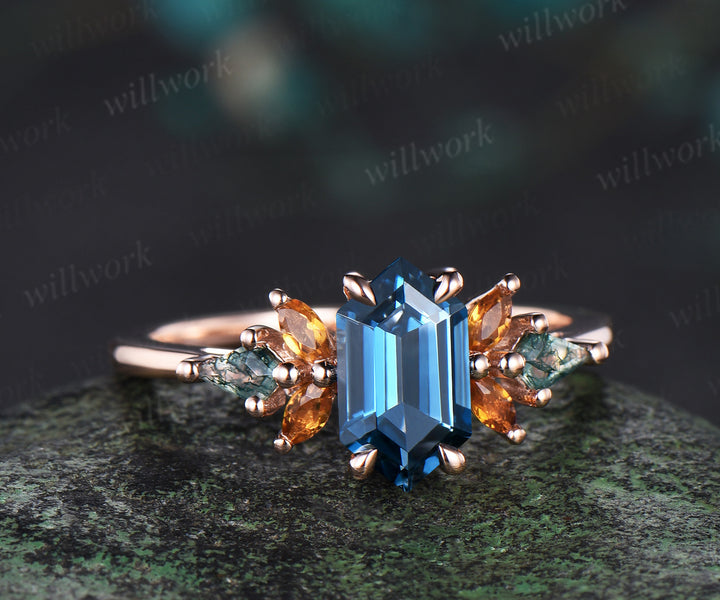 Long hexagon cut London blue topaz engagement ring rose gold cluster citrine ring women kite moss agate anniversary gift