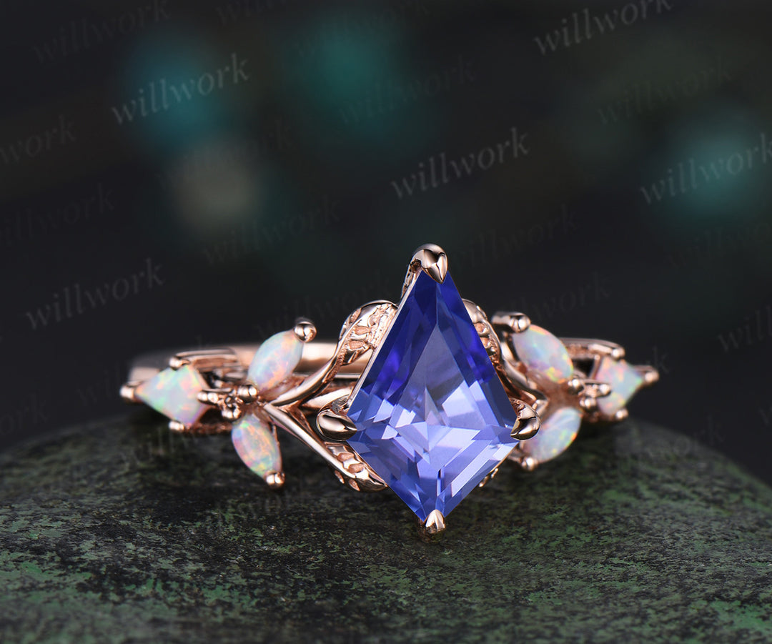 Kite cut natural Tanzanite engagement ring solid 14k 18k rose gold leaf nature inspired opal promise anniversary ring women