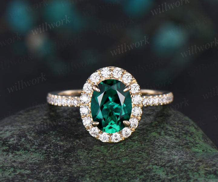 Green emerald engagement ring solid 14k yellow gold real diamond ring moissanite halo ring May birthstone oval vintage wedding promise ring