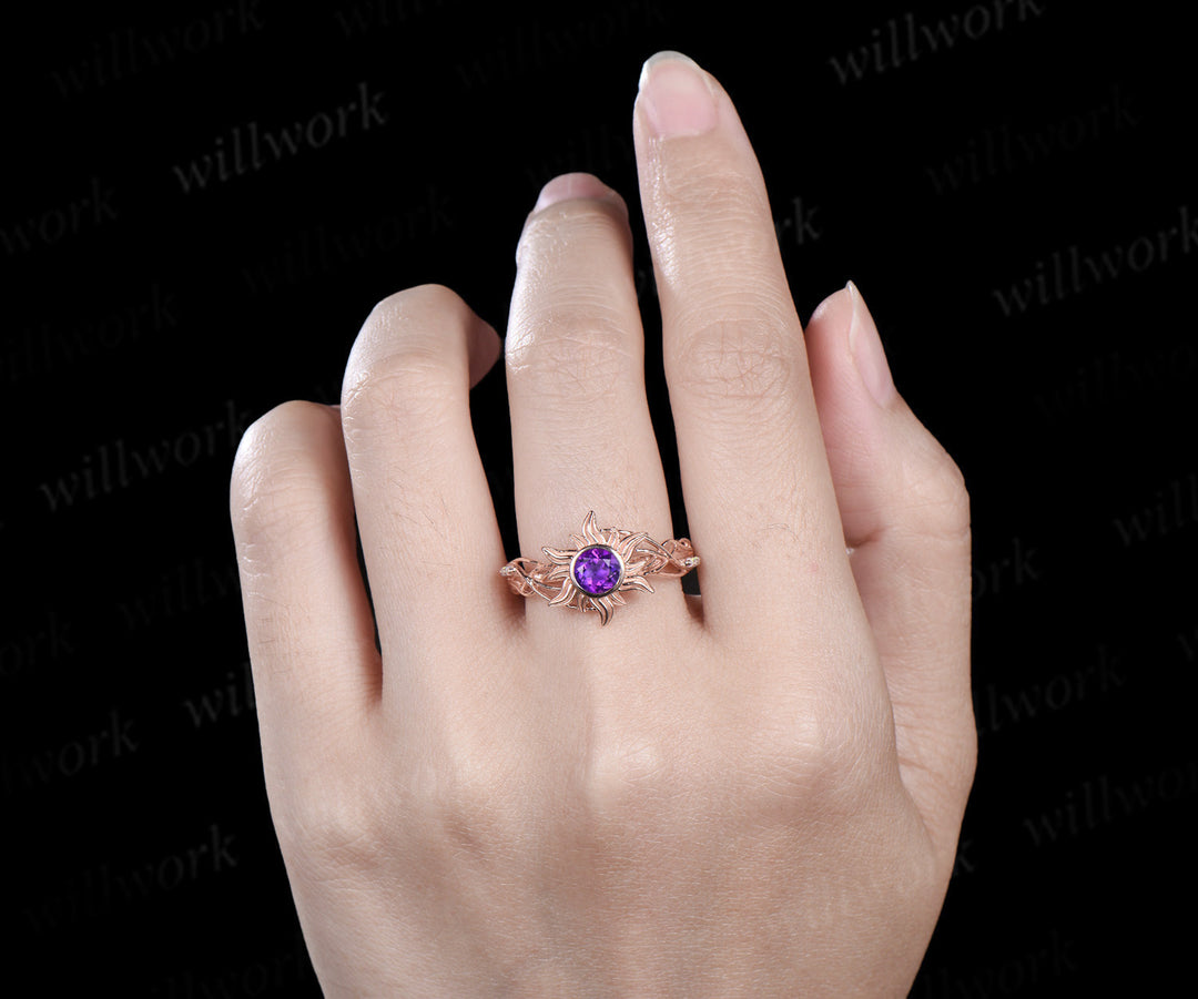 Sun inspired amethyst ring round cut amethyst corona sun filigree opal ring soild rose gold wedding ring gifts for her