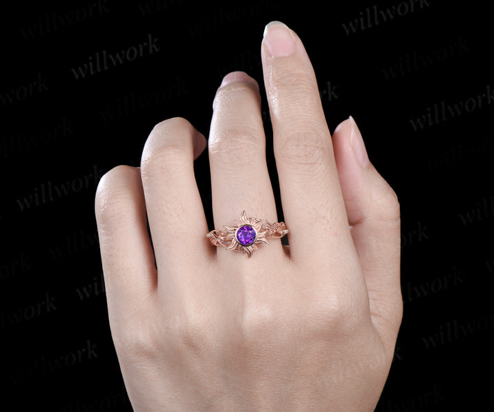 Sun inspired amethyst ring round cut amethyst corona sun filigree opal ring soild rose gold wedding ring gifts for her