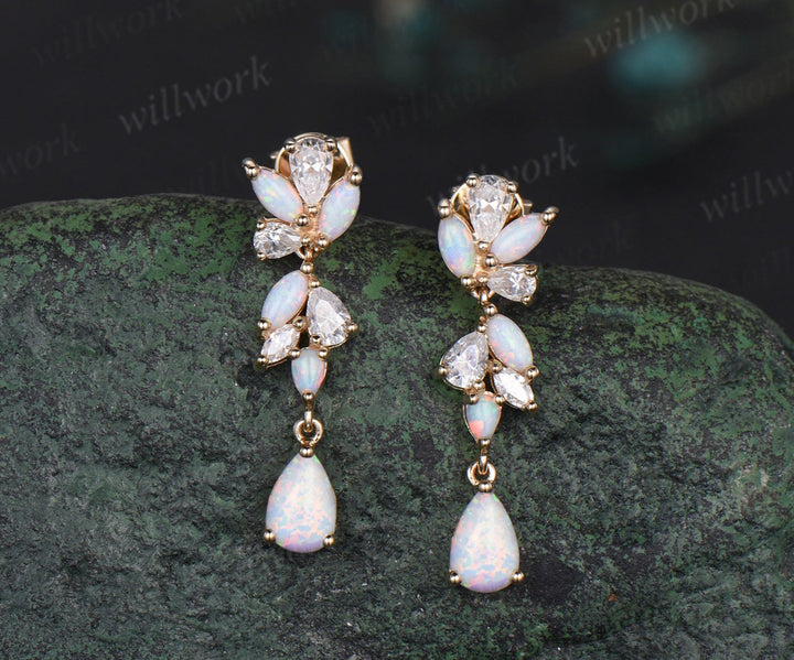 Pear opal earrings solid 14k yellow gold cluster diamond opal drop earrings women jewelry anniversary gift for her
