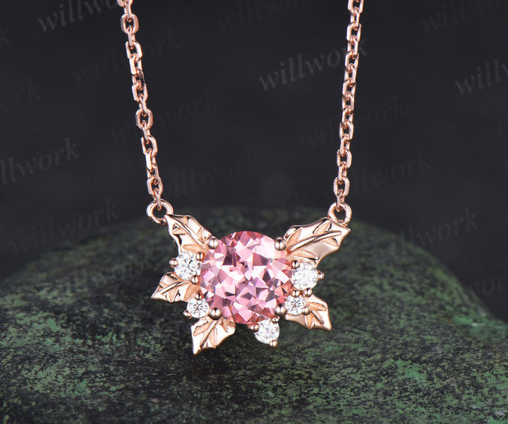 Round Padparadscha pink sapphire necklace 14k rose gold maple leaf diamond pendant women anniversary gift jewelry