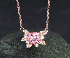 Round Padparadscha pink sapphire necklace 14k rose gold maple leaf diamond pendant women anniversary gift jewelry