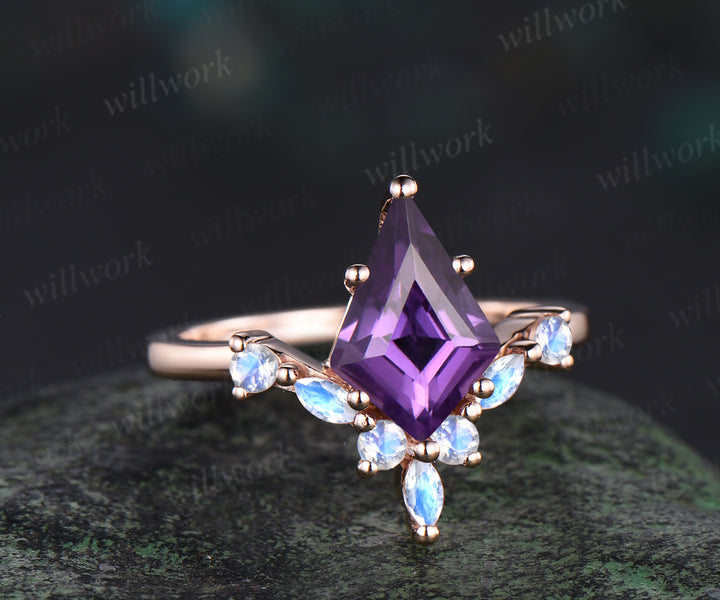 Kite cut purple amethyst engagement ring rose gold 6 prong unique moonstone anniversary promise wedding ring women