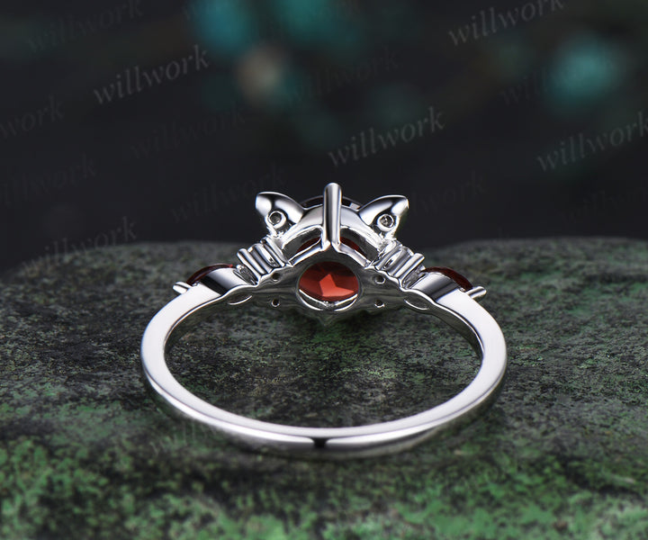 Round red garnet Cat Engagement Ring 14K white Gold Animal Cat Shaped Wedding Promise Ring Peekaboo Kitten Unique Gifts for Cat Lover