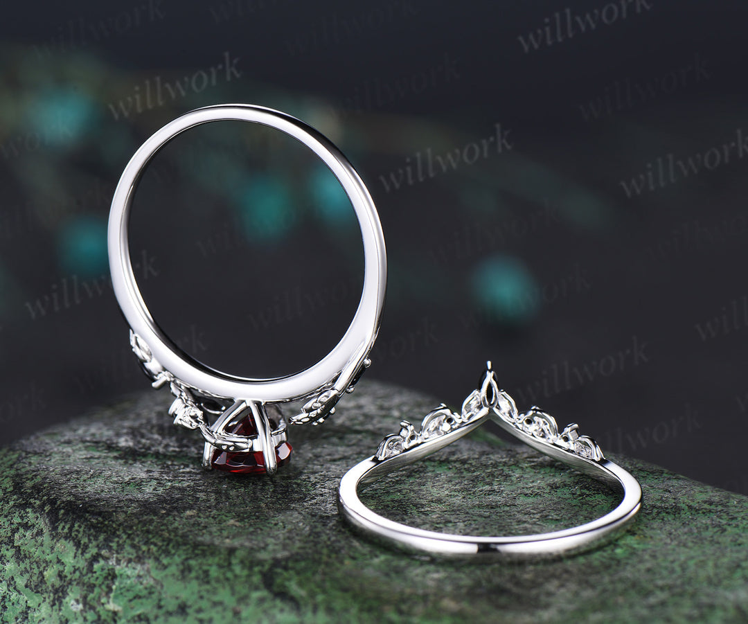 Pear shaped red garnet engagement ring set solid 14k white gold antique black spinel leaf ring set women branch bridal set