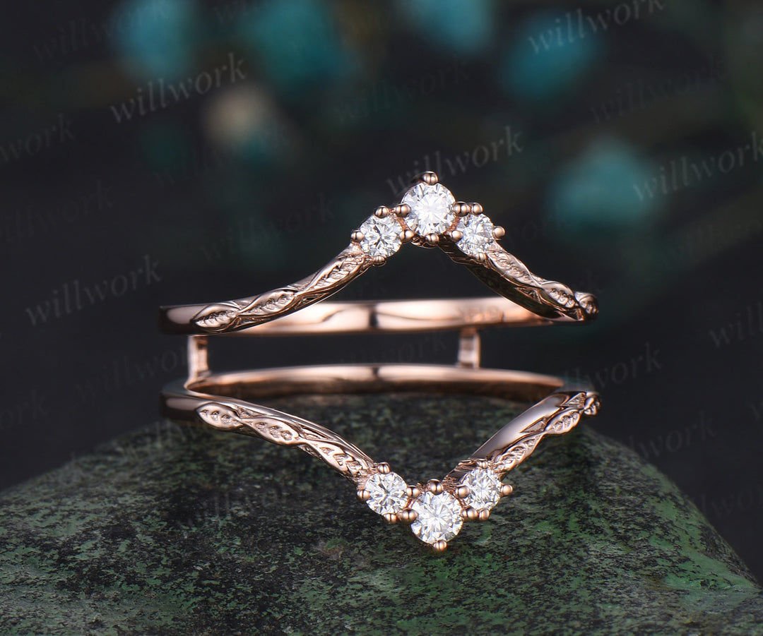Vintage double curved diamond wedding band enhancer wraps solid 14k rose gold leaf wedding ring band women anniversary gift