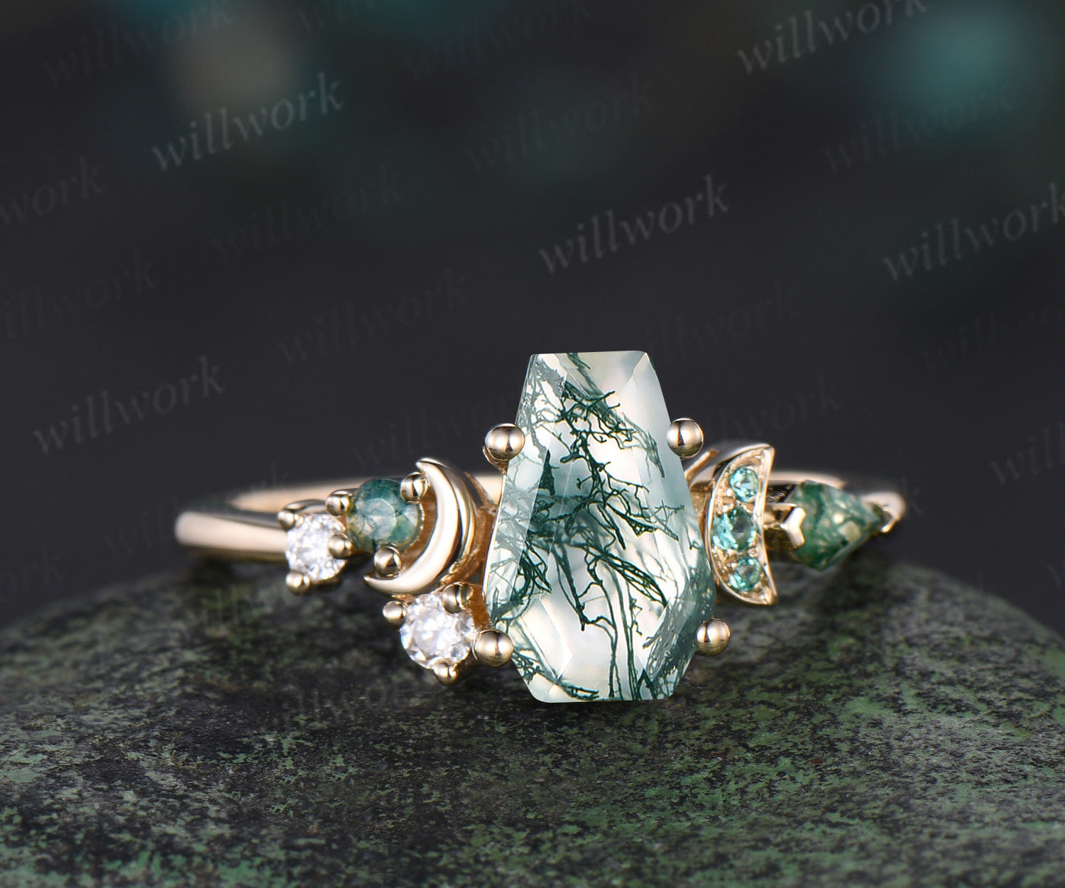 Unique moon ring kite Coffin natural moss agate engagement ring