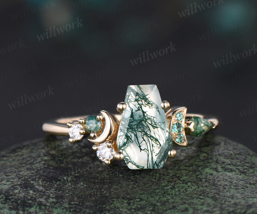 Unique moon ring kite Coffin natural moss agate engagement ring yellow gold cluster emerald wedding ring perfect moon anniversary gift