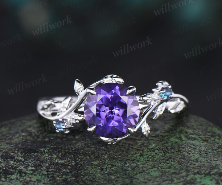 Round cut purple sapphire engagement ring white gold three stone alexandrite nature inspired leaf bridal set women