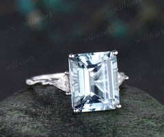 6ct Emerald cut natural aquamarine engagement ring solid 14k white gold three stone Trilliant cut moissanite promise ring jewelry