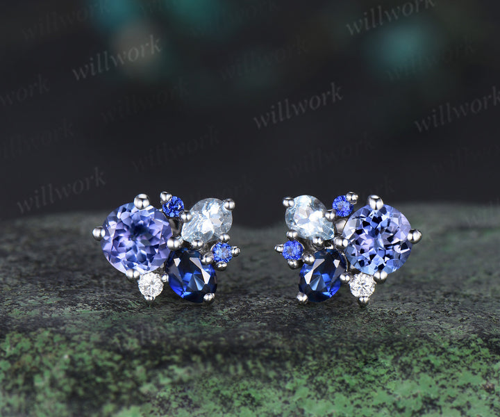 Dainty Round Cut Natural Tanzanite Stud Earrings Unique 14k white Gold Blue Sapphire Aquamarine Cluster Earrings December Birthstone Earrings