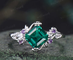 Asscher cut emerald engagement ring vintage leaf amethyst wedding ring nature inspired promise ring May birthstone jewelry