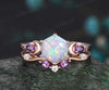 October birthstone Hexagon Opal Engagement Ring Set 14k Rose Gold Amethyst Moissanite Moon Wedding Ring Five Stone 2pcs Bridal Ring Set