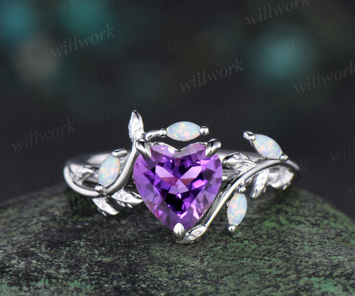 Heart cut amethyst opal leaf engagement ring women 14k white gold nature inspired promise wedding gift