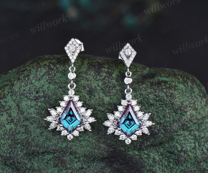 Vintage kite cut alexandrite earrings unique moissanite halo drop earrings color change gemstone earrings for women