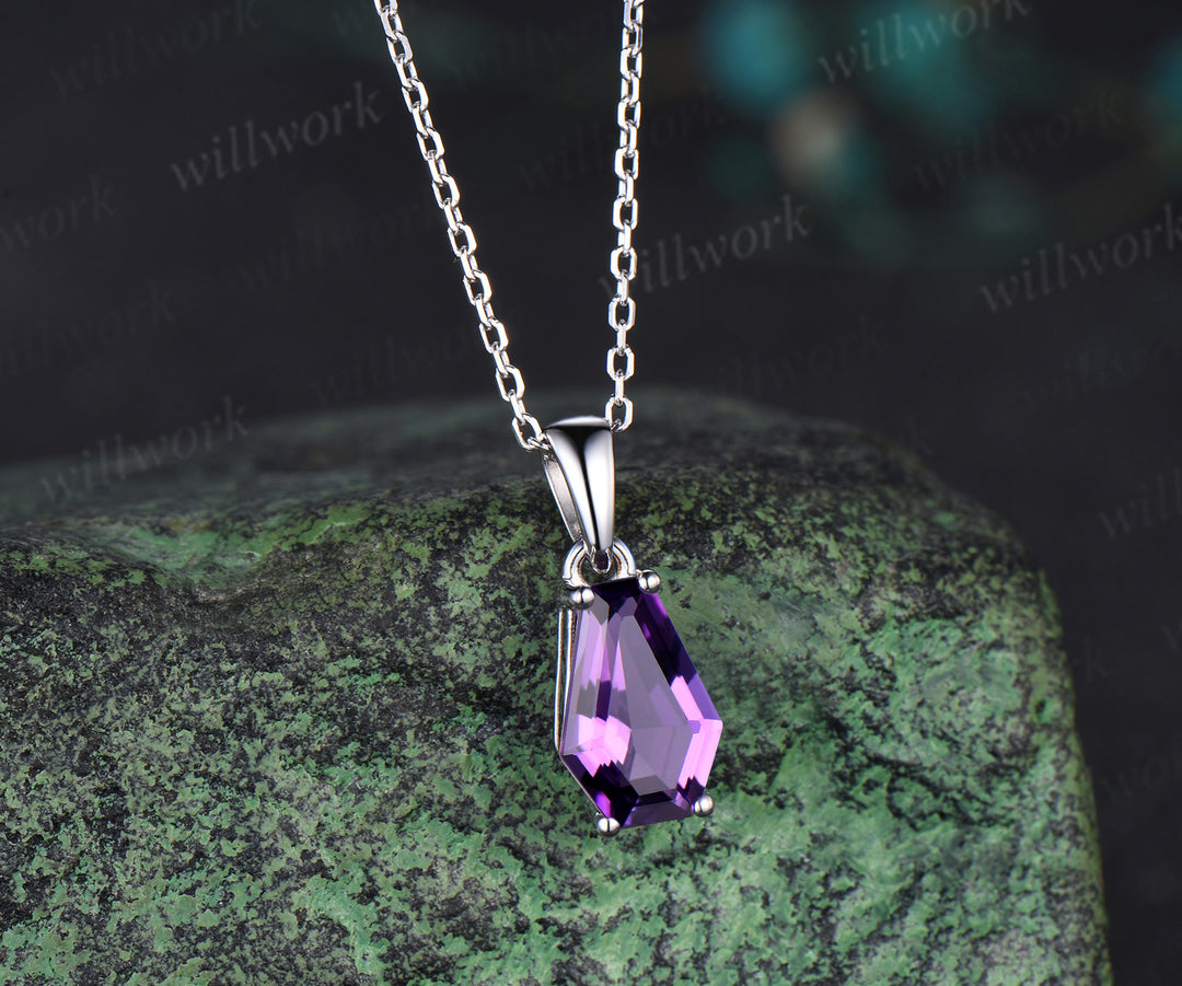 Coffin natural Amethyst necklace solid 14k 18k white gold vintage unique Personalized pendant women her anniversary bridal gift mother