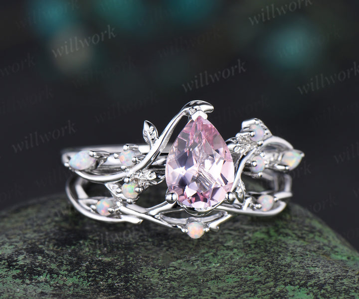 14K white Gold pink Morganite Opal Ring Set Unique Leaf Vine Wedding Ring Pear Bridal Proposal Ring for Fiancée Gemstone Ring