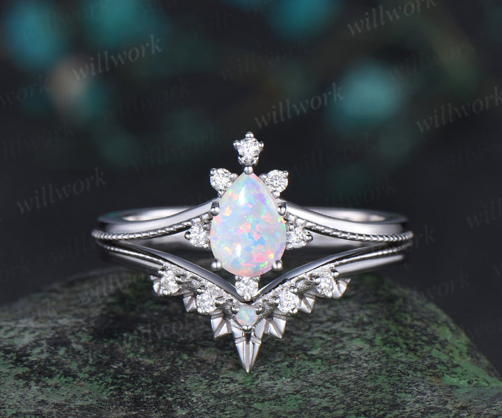 Pear shaped opal engagement ring set white gold Lace cluster diamond bridal wedding ring set women