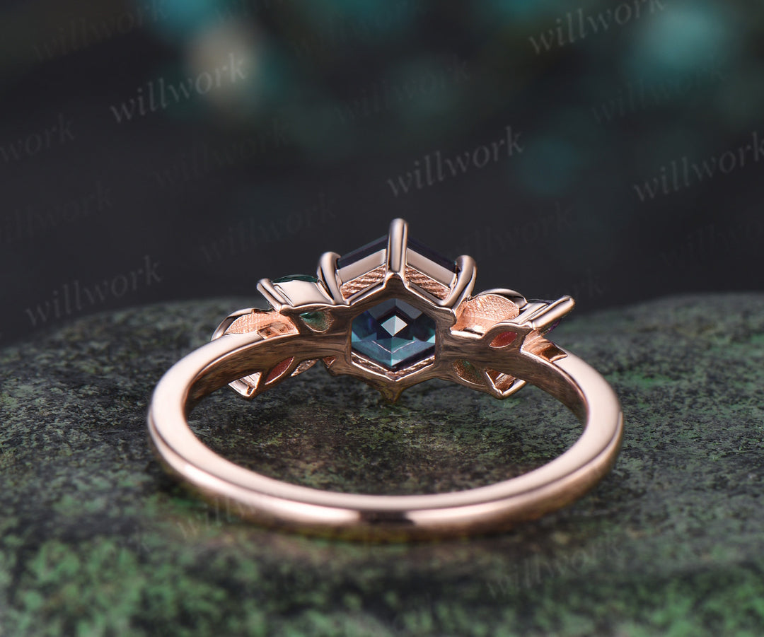 Unique Hexagon Cut Alexandrite Engagement Ring rose gold Leaf Nature Inspired Wedding Ring Art Deco Emerald Amethyst Cluster Five Stone Ring