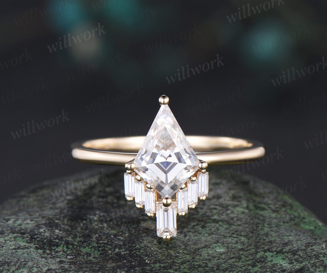 Kite Cut moissanite Engagement Ring set unique promise ring her 14k yellow gold Baguette cut V shaped bridal set women