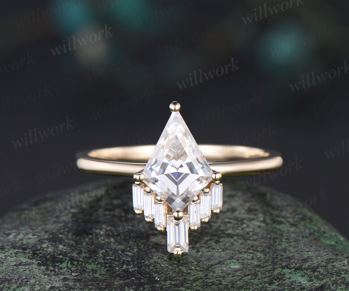 Kite Cut moissanite Engagement Ring set unique promise ring her 14k yellow gold Baguette cut V shaped bridal set women