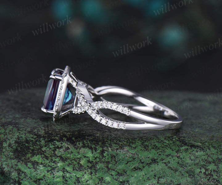 Cushion Alexandrite bridal ring vintage Alexandrite engagement ring rose gold women infinity halo diamond ring color change stone ring gift