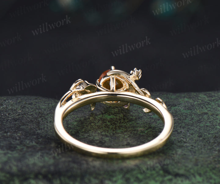 5mm Round Cut Natural Yellow Citrine Moon Engagement Ring 14K Yellow Gold Vine Leaf Genuine Crystal Amethyst Opal November Birthstone Gifts