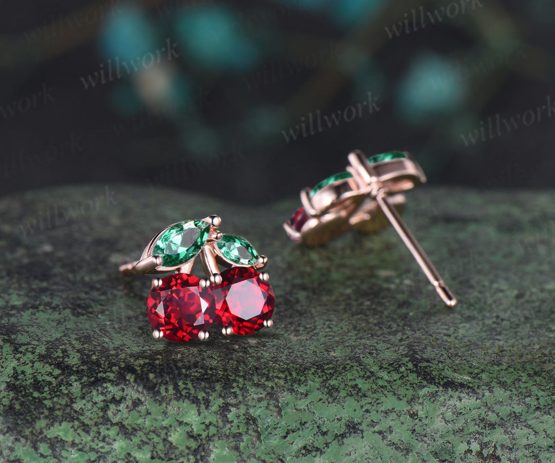 Round Ruby Earrings 14k Rose gold Marquise Emerald Earrings Jewelry Xmas Gift for Her