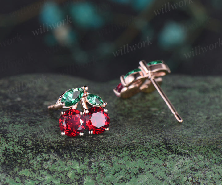 Round Ruby Earrings 14k Rose gold Marquise Emerald Earrings Jewelry Xmas Gift for Her