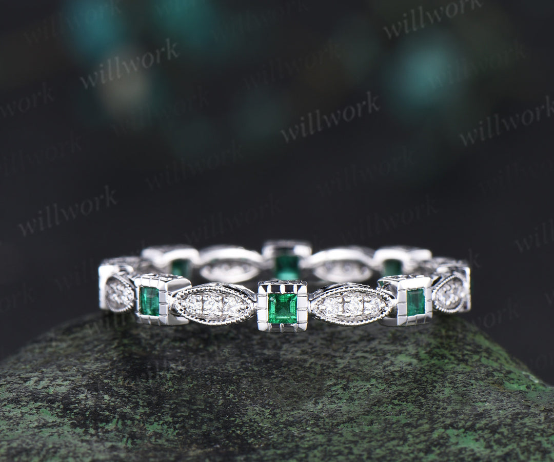 Square cut natural emerald wedding band Filigree Milgrain Edge full eternity diamond wedding ring art deco handmade ring solid 14k white gold