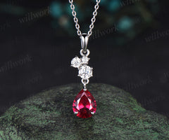 Vintage Pear Cut July Birthstone Ruby Necklace Minimalist Moissanite Cluster Dangle Necklace Delicate 14k White Gold Ruby Birthday Pendant