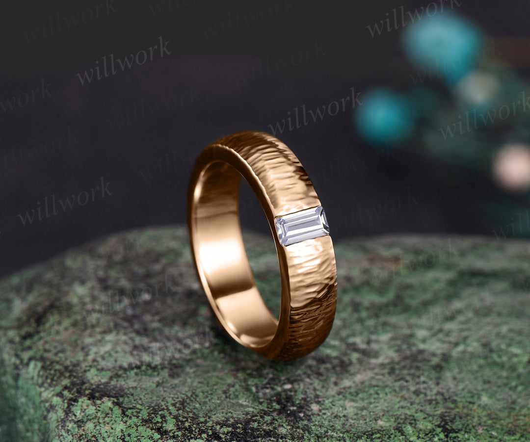 Unique Mens moissanites Wedding Band Baguette Cut art deco Band 5mm Solid Gold Ring Mens Hammered Stacking Matching Band Retro Vintage Ring Gift