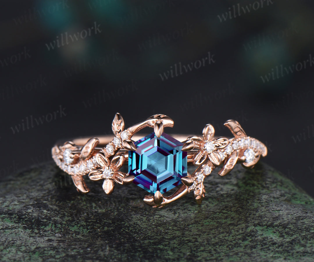 Hexagon cut alexandrite engagement ring set vintage floral diamond ring women 14k rose gold retro branch leaf bridal ring set
