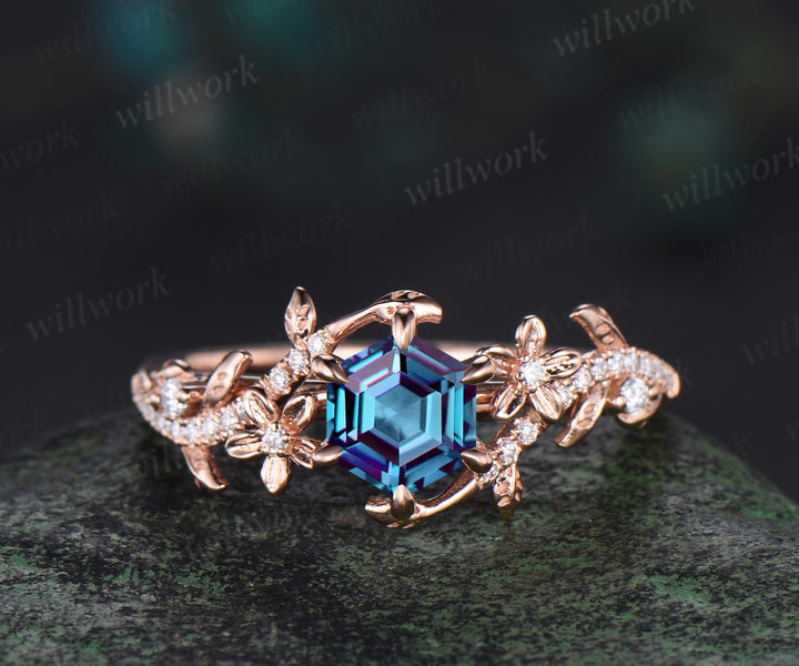 Hexagon cut alexandrite engagement ring set vintage floral diamond ring women 14k rose gold retro branch leaf bridal ring set