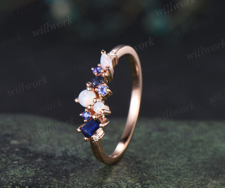 Baguette sapphire natural tanzanite wedding band dainty opal cluster multi-stone minimalist promise ring