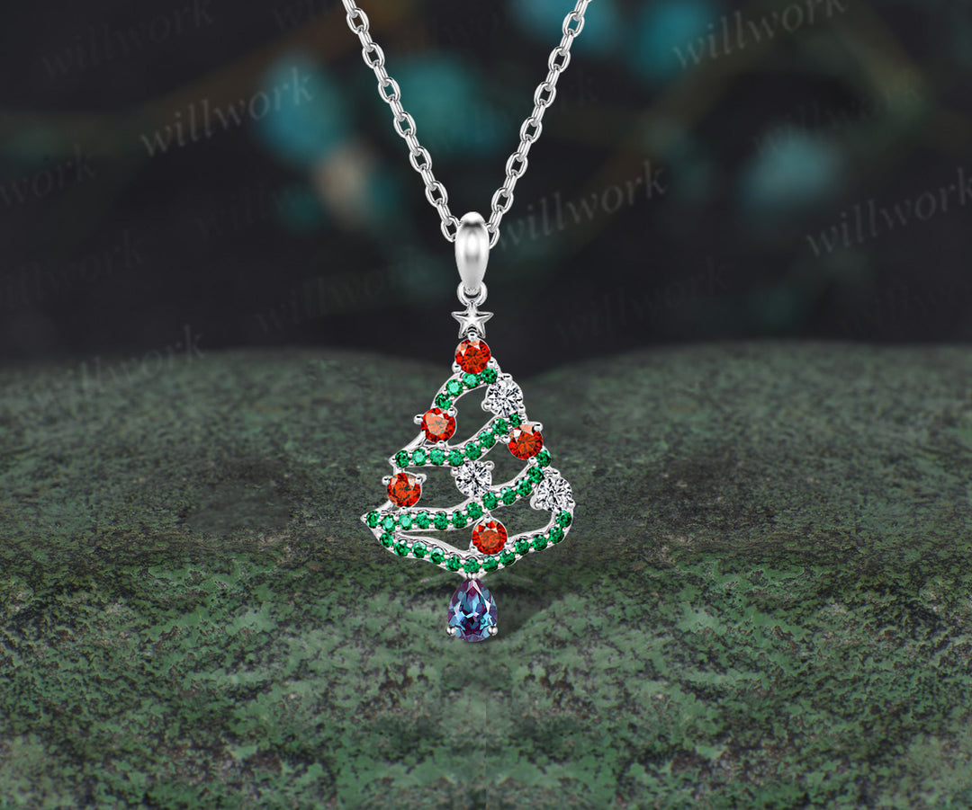 Pear Cut Alexandrite Necklace Multi-stone Garnet Emerald Moissanite Christmas Tree Pendant Xmas Gift for Women