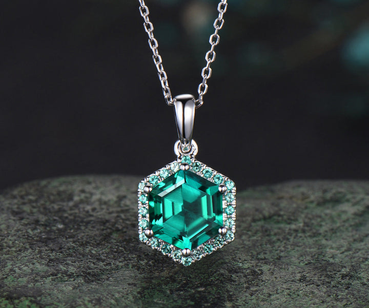 Hexagon cut emerald necklace 14k white gold halo unique pendant green gemstone dainty anniversary gift for women