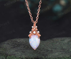 Vintage pear white gold necklace solid 14k 18k rose gold Floral leaf diamond pendant women October birthstone anniversary gift jewelry