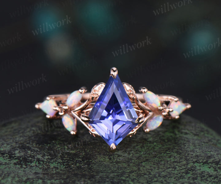 Kite cut natural Tanzanite engagement ring solid 14k 18k rose gold leaf nature inspired opal promise anniversary ring women