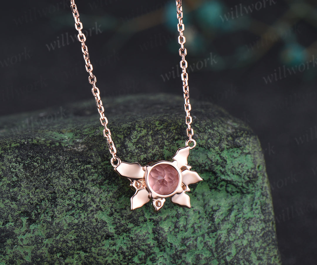 Round Padparadscha pink sapphire necklace 14k rose gold maple leaf diamond pendant women anniversary gift jewelry
