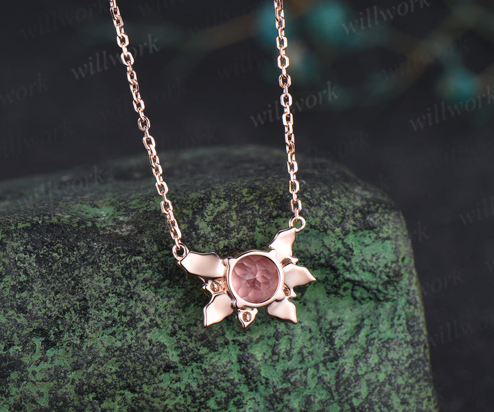 Round Padparadscha pink sapphire necklace 14k rose gold maple leaf diamond pendant women anniversary gift jewelry