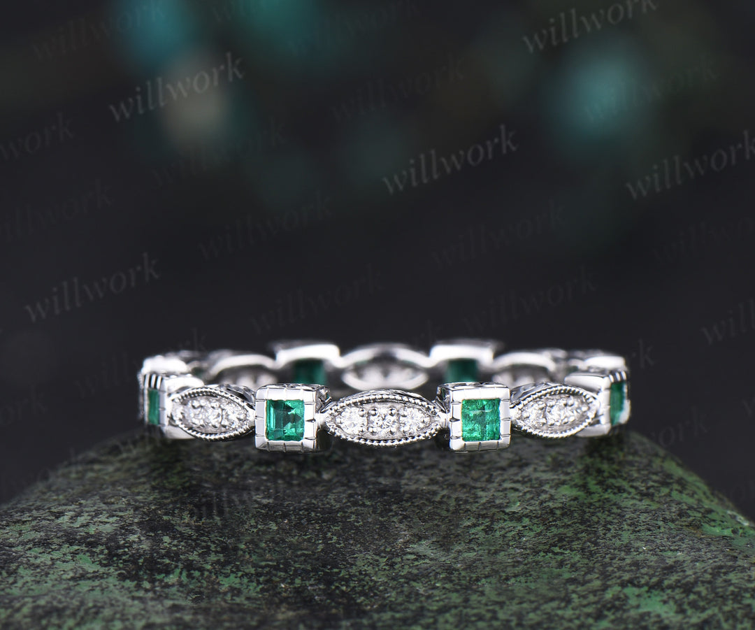 Square cut natural emerald wedding band Filigree Milgrain Edge full eternity diamond wedding ring art deco handmade ring solid 14k white gold