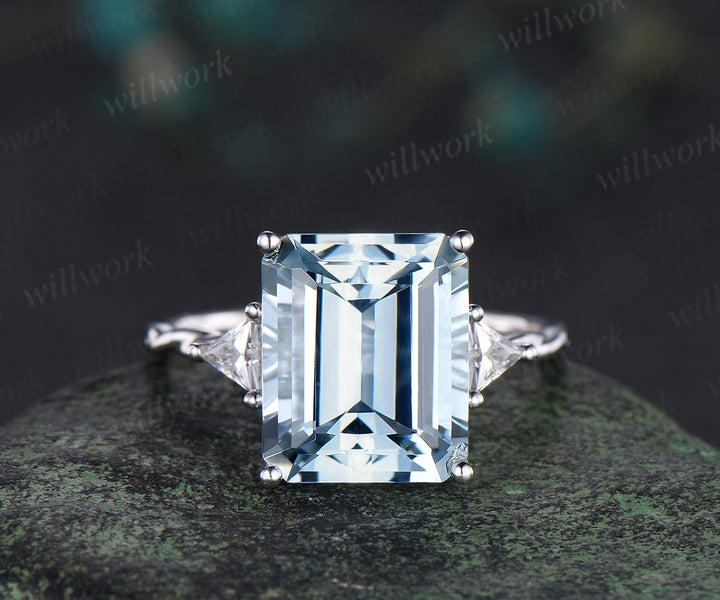 6ct Emerald cut natural aquamarine engagement ring solid 14k white gold three stone Trilliant cut moissanite promise ring jewelry