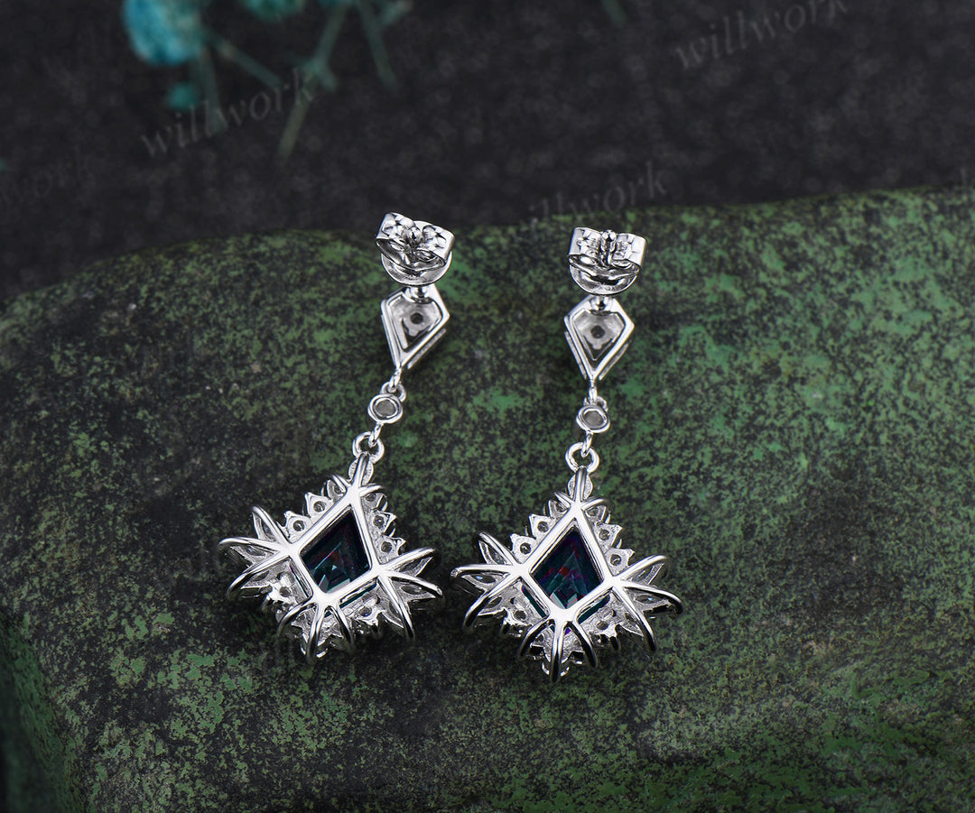 Vintage kite cut alexandrite earrings unique moissanite halo drop earrings color change gemstone earrings for women