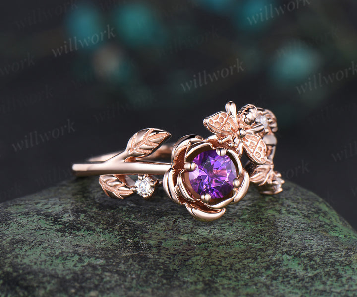 Vintage round cut amethyst engagement ring women solid 14k rose gold leaf honey bee four stone diamond anniversary ring gift