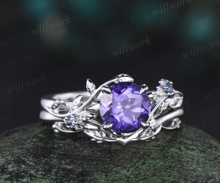 Round cut purple sapphire engagement ring white gold three stone alexandrite nature inspired leaf bridal set women